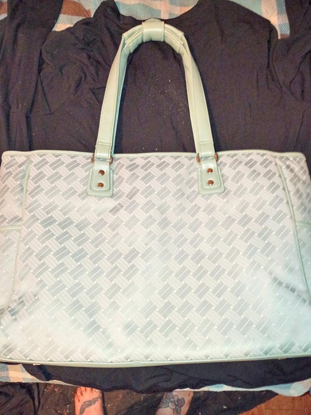 Nine West Mint Green Woven Geometric Laptop Tote Bag Shoulder Purse